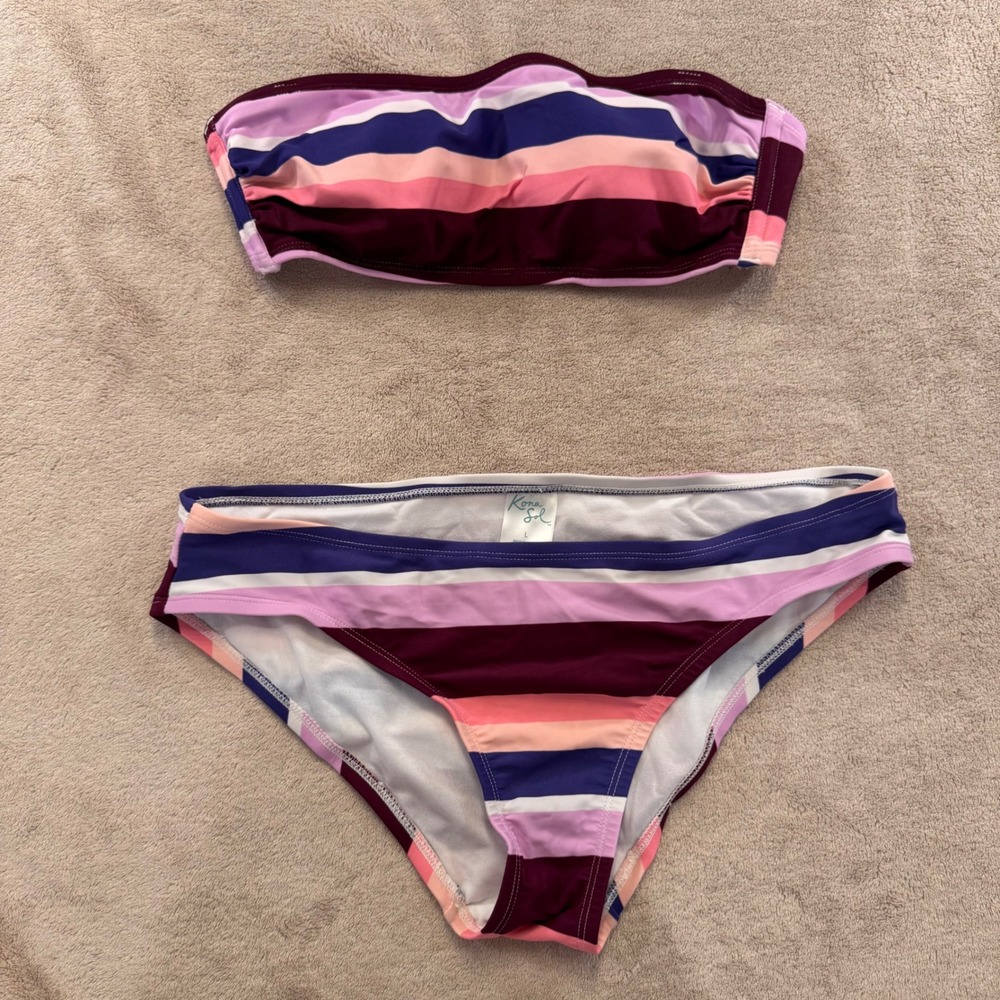 Kona Sol Striped Bandeau Bikini Set Purple Pink Orange Swimsuit Two Piece Sz M/L